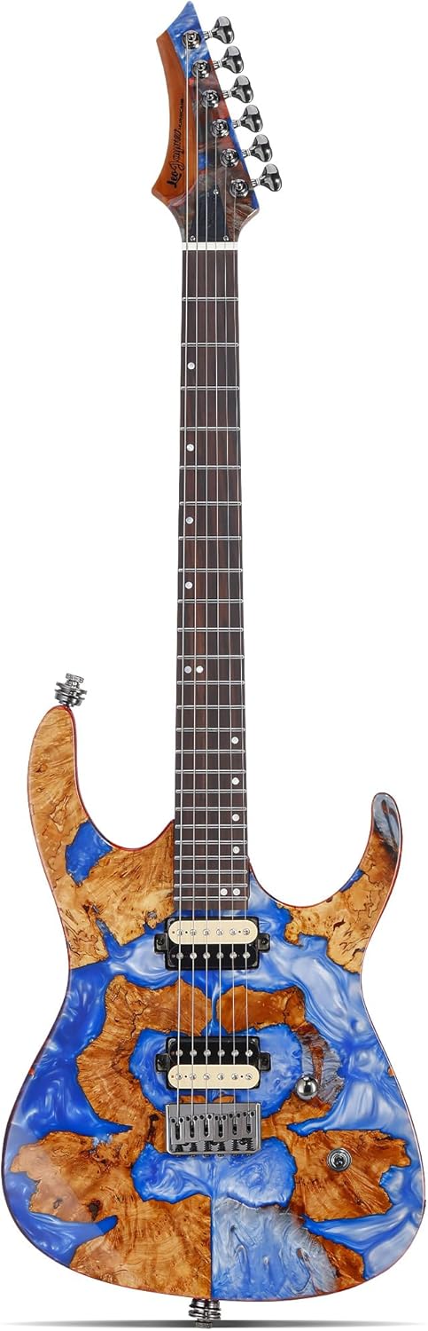 Leo Jaymz Electric Guitar Monsoon Deluxe Series, Reverse Headstock, Burl Top, Mahogany Body, Roasted Maple Neck, Rosewood Fretboard, Case and Capo (Blue Natural Deluxe)