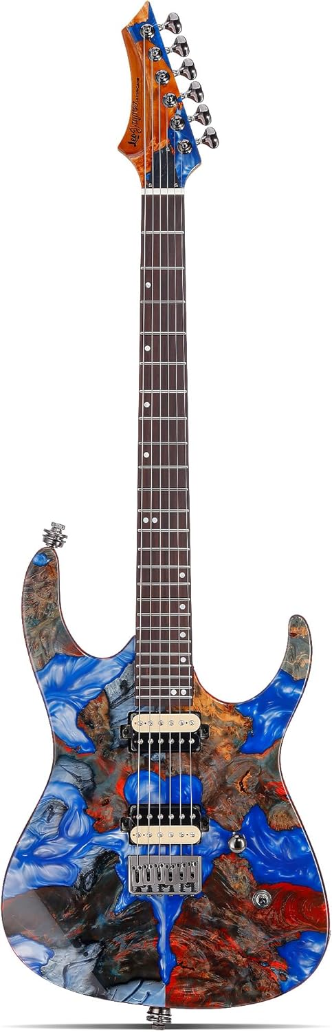 Leo Jaymz Electric Guitar Monsoon Deluxe Series, Reverse Headstock, Burl Top, Mahogany Body, Roasted Maple Neck, Rosewood Fretboard, Case and Capo (Blue Colorfule Deluxe)