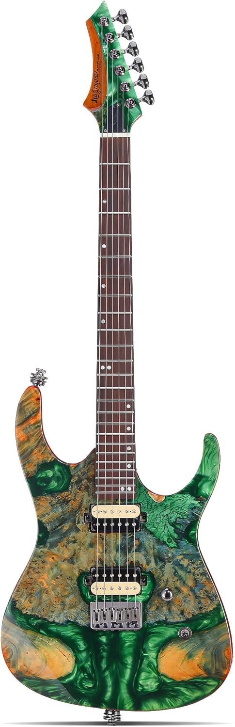 Leo Jaymz Electric Guitar Monsoon Deluxe Series, Reverse Headstock, Burl Top, Mahogany Body, Roasted Maple Neck, Rosewood Fretboard, Case and Capo (Green Colorful Deluxe)