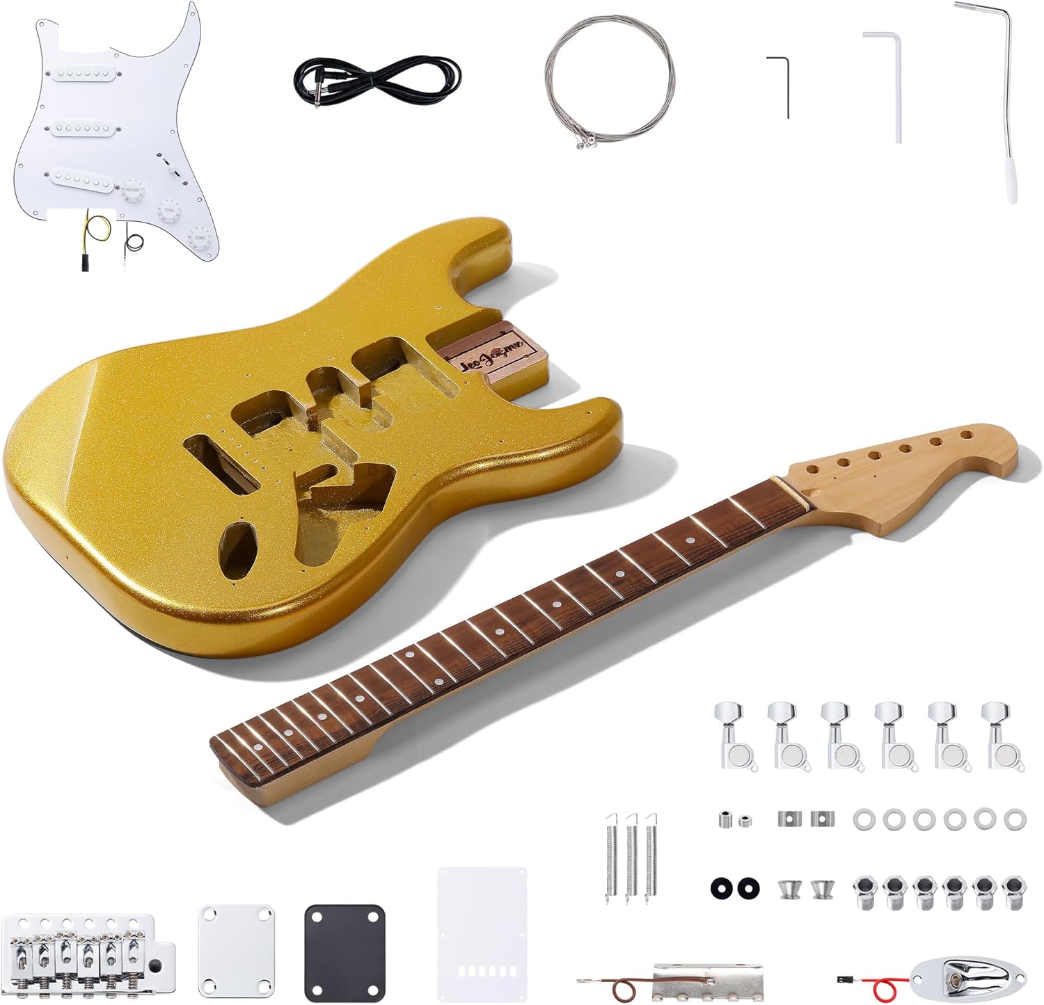 DIY ST Style Electric Guitar Kits,Spray-painted Mahogany Body,Laurel Wood Fingerboard and Maple Neck, including all Components (ST Gold)