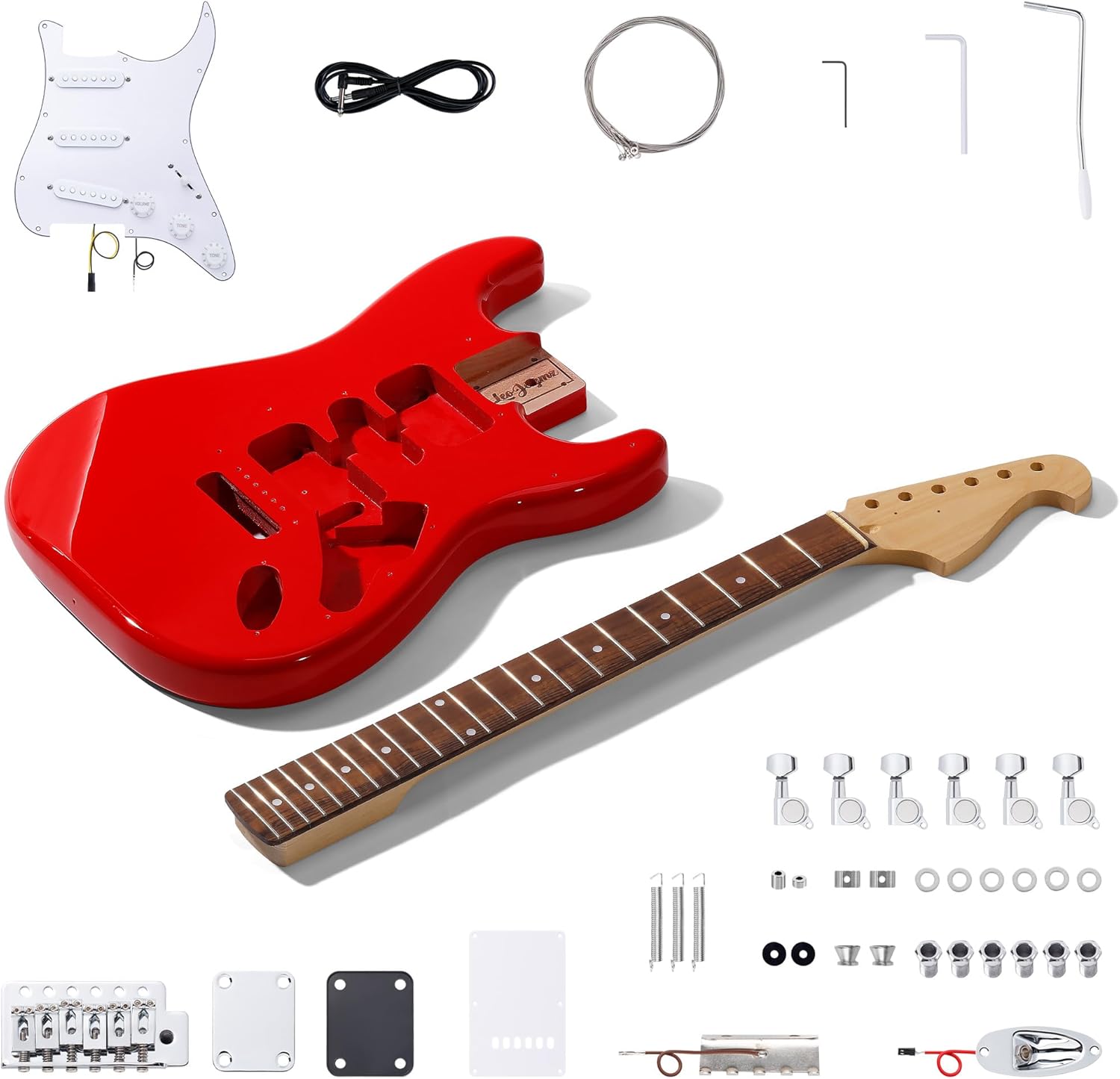 DIY ST Style Electric Guitar Kits,Spray-painted Mahogany Body,Laurel Wood Fingerboard and Maple Neck, including all Components (ST-Carnival Red)